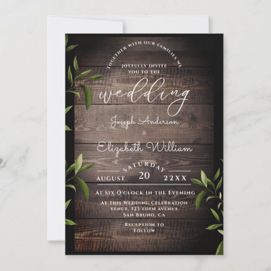 Houten botanische bladeren & groen wedding uitnodi kaart (Voorkant)