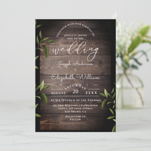 Houten botanische bladeren & groen wedding uitnodi kaart (Staand voorkant)