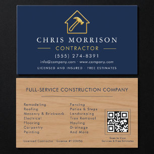 Houten Bouw Metalen Navy Blauwe Gouden QR-code Visitekaartje