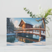 Houten brug bedekt met sneeuw feestdagenkaart (Staand voorkant)