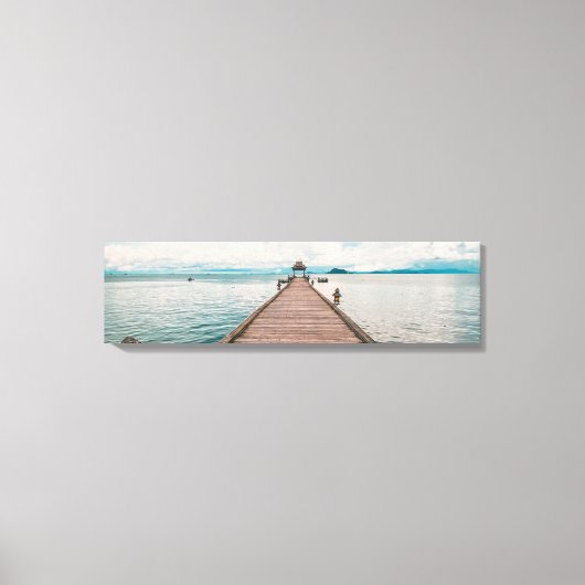 Houten brug over het Panoramisch Canvas-meer Canvas Afdruk (Voorkant)