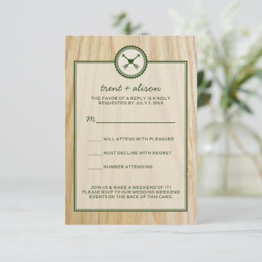 Houten Bruiloft & Glamping RSVP Kaarten (Staand voorkant)