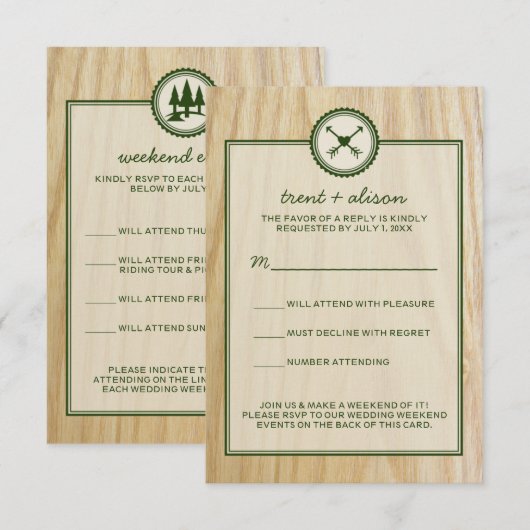 Houten Bruiloft & Glamping RSVP Kaarten Kaartje (Voorkant / Achterkant)