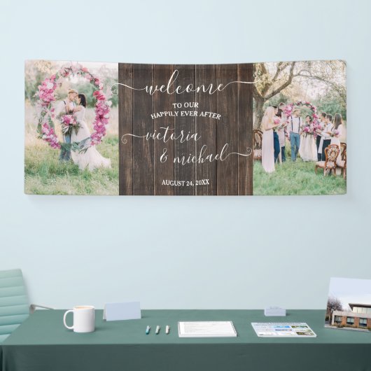 Houten bruiloftsfoto lijst Welcome op rustieke wij Spandoek (Beurs)