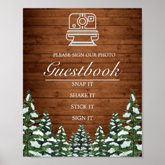 Houten bruiloftsgastenboek met sneeuwbos en -bos f poster (Voorkant)