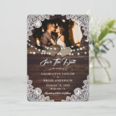 Houten Burlap Kant String Lights Trouwfoto Save The Date (Staand voorkant)