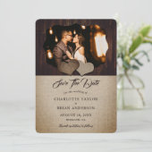 Houten Burlap Lace Country Barn Trouwfoto Save The Date (Staand voorkant)