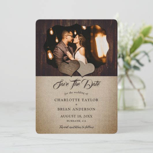 Houten Burlap Lace Country Barn Trouwfoto Save The Date (Staand voorkant)