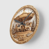 Houten carrousel in een besneeuwde scène ronde klok (Hoek)