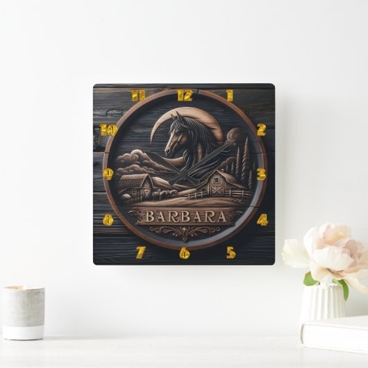 Houten Carving Met Paard En Schuur Landschap Vierkante Klok (Huis)