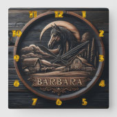 Houten Carving Met Paard En Schuur Landschap Vierkante Klok (Voorkant)