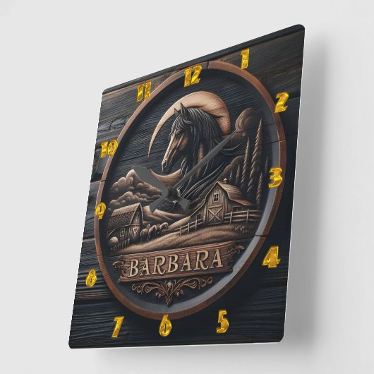 Houten Carving Met Paard En Schuur Landschap Vierkante Klok (Hoek)