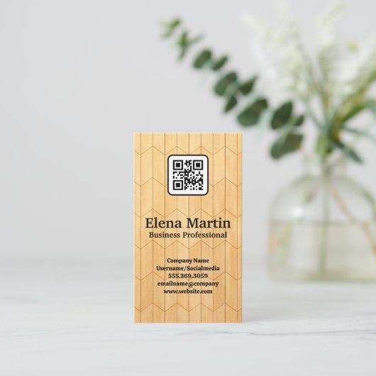 Houten Comité Achtergrond | QR-code Visitekaartje (Staand voorkant)