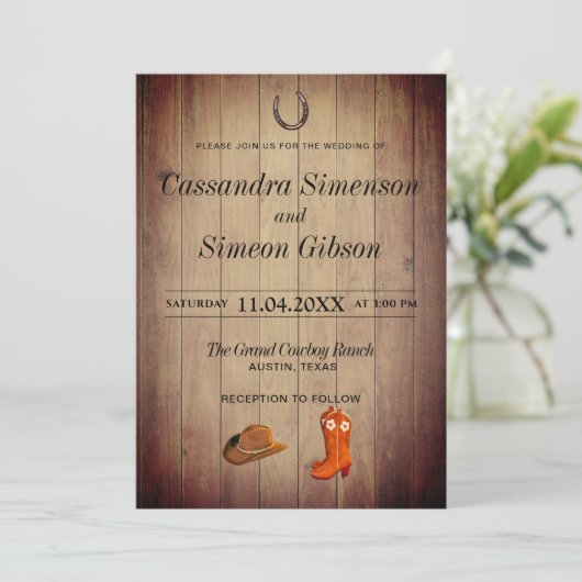 Houten Cowboylaarzen, Rustieke Trouwdag Kaart (Staand voorkant)