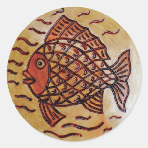Houten decor met vis. ronde sticker