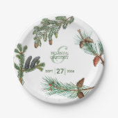 Houten dennenbomen bos groenheid bruiloft papieren bordje (Voorkant)