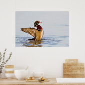 Houten eend mannetje dat met vleugels klappert in  poster (Keuken)