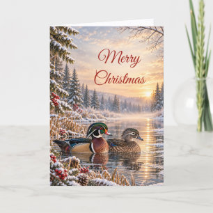 Houten Eend Paar Vreedzame Kerstmis Winter Natuur Feestdagen Kaart