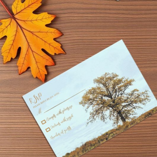 Houten Eikenboom Herfst Bruiloft RSVP Kaartje