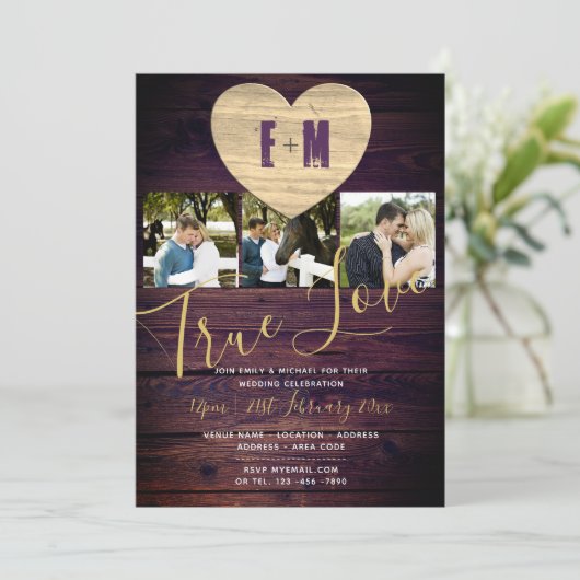 Houten fotocollage trouwuitnodigingen met eeuwige  kaart (Staand voorkant)