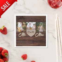 Houten foto's met monogram bruiloftsreceptie servet