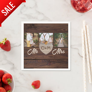 Houten foto's met monogram bruiloftsreceptie servet