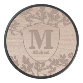 Houten gegraveerd bladeren  naam monogram hockey puck