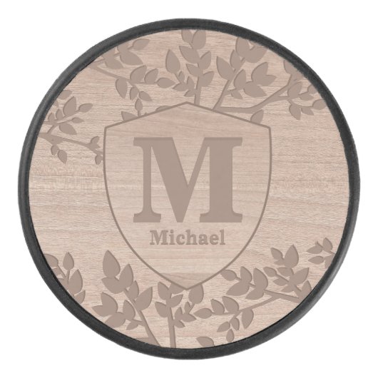 Houten gegraveerd bladeren  naam monogram hockey puck (Voorkant)