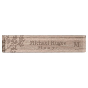 Houten gegraveerd bladeren  naam monogram naambordje