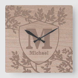 Houten gegraveerd bladeren  naam monogram   vierkante klok