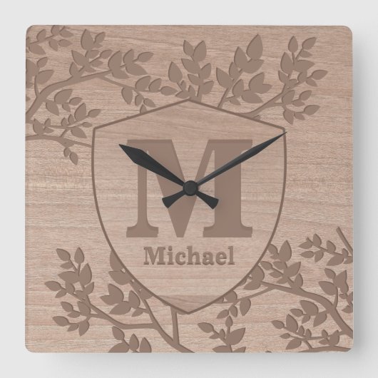 Houten gegraveerd bladeren naam monogram vierkante klok (Voorkant)