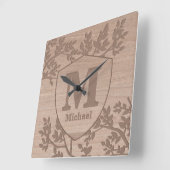 Houten gegraveerd bladeren naam monogram vierkante klok (Hoek)