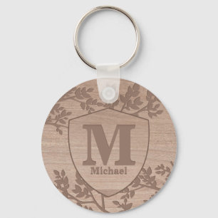 Houten gegraveerde bladeren  naam monogram sleutel sleutelhanger