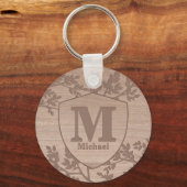 Houten gegraveerde bladeren  naam monogram sleutel sleutelhanger (Voorkant)