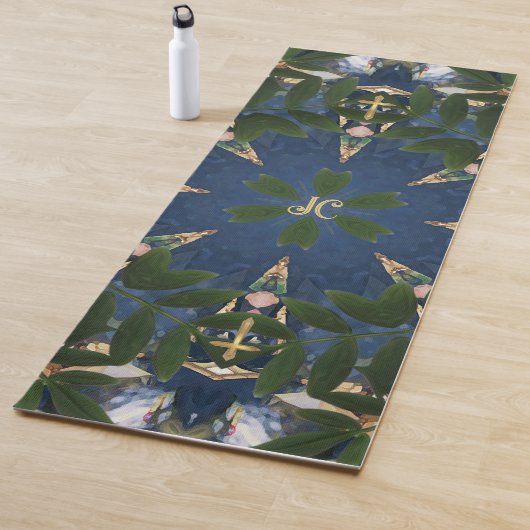 Houten Gouden Heilig Kruis, Groene Botanische Blau Yogamat (In situ)