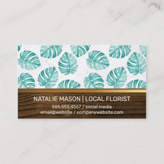 Houten Gouden Trim Monstera Bladpatroon Visitekaartje (Achterkant)