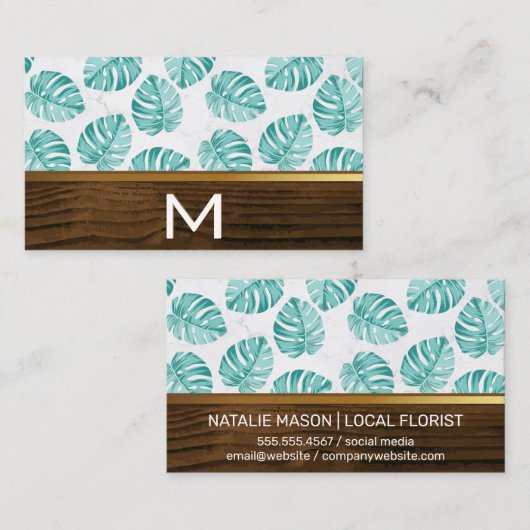 Houten Gouden Trim Monstera Bladpatroon Visitekaartje (Voorkant / Achterkant)
