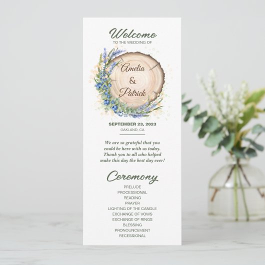 Houten Graan Blueberry rustiek bruiloft programma (Staand voorkant)