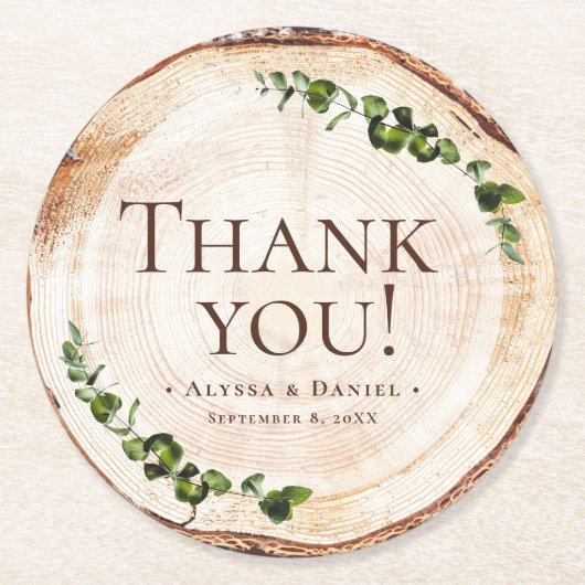 Houten Graan Botanische Rustieke Bruiloft Dank u Ronde Kartonnen Onderzetter (Voorkant)