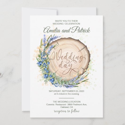 Houten Graan Cirkel Blueberry Lavendel Bruiloft Kaart (Voorkant)