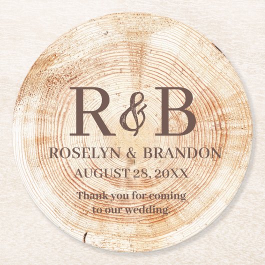 Houten Graan Rustieke Bruiloft Dank u Favor Monogr Ronde Kartonnen Onderzetter (Voorkant)