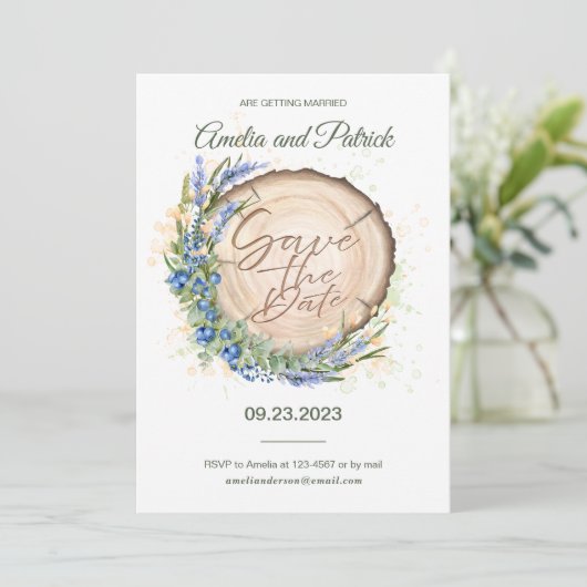 Houten Graancirkel Blauwebes Lavendel Bruiloft Save The Date (Staand voorkant)