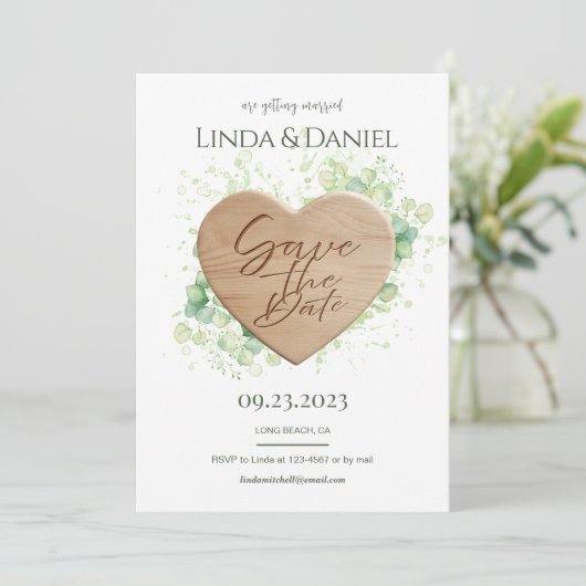 Houten Hart Waterverf Eucalyptus Rustieke Bruiloft Save The Date (Staand voorkant)