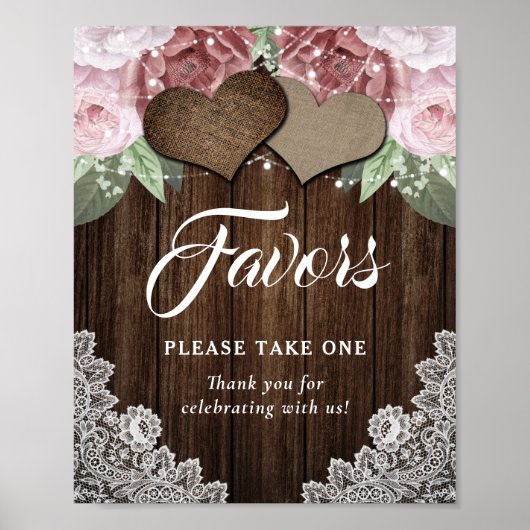Houten Hartjes Roze Bloem Bruiloft Favor Poster (Voorkant)