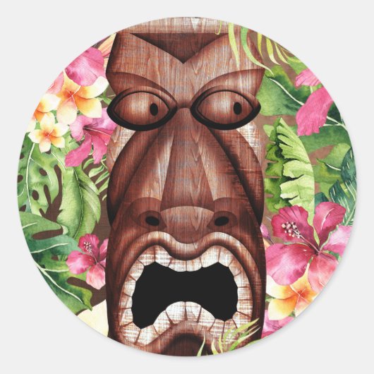 Houten Hawaiian Tiki Luau Zomerfeest Ronde Sticker (Voorkant)