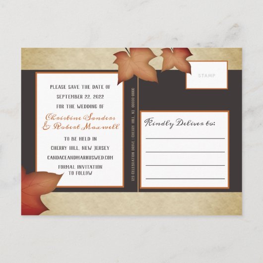 Houten herfst bruiloft opslagkaart met esdoornblad aankondigingskaart (Achterkant)