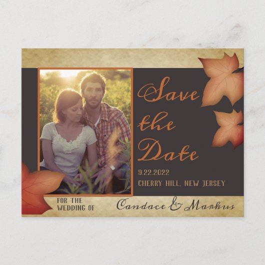 Houten herfst bruiloft opslagkaart met esdoornblad aankondigingskaart (Voorkant)