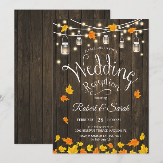 Houten Herfst Bruiloftsreceptie met Lichtjes Kaart (Voorkant / Achterkant)