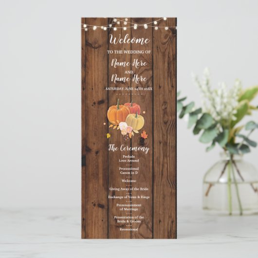 Houten Herfst Pompoen Trouwprogramma Details Rusti Kaart (Staand voorkant)