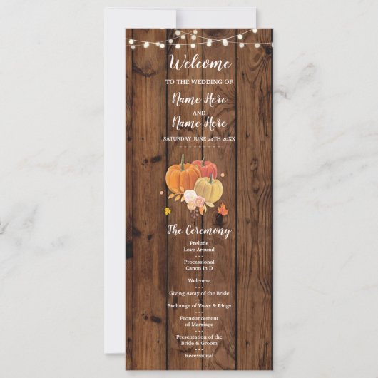 Houten Herfst Pompoen Trouwprogramma Details Rusti Kaart (Voorkant)
